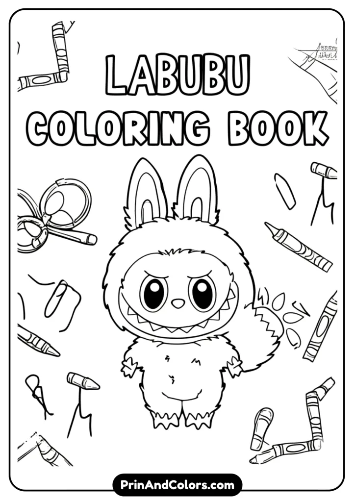 Collection-style page showing multiple small Labubu poses (sitting, jumping, waving) in line art.