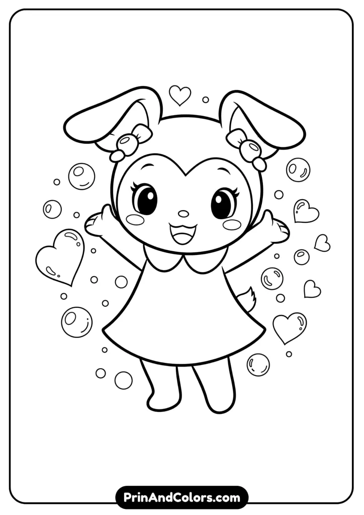 Black and white line art of Labubu character smiling cheerfully, cute toy-style figure with big eyes and horns, standing happily. Clear outlines for coloring.