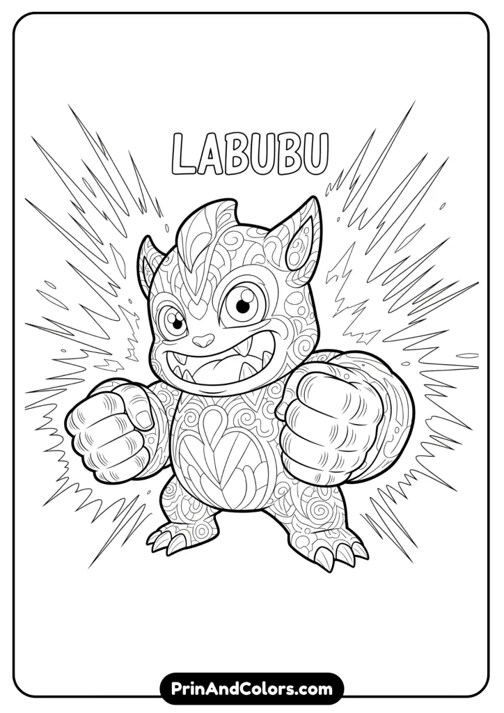 Black and white outline of Labubu surrounded by lightning bolts and energy bursts, symbolizing power and excitement.