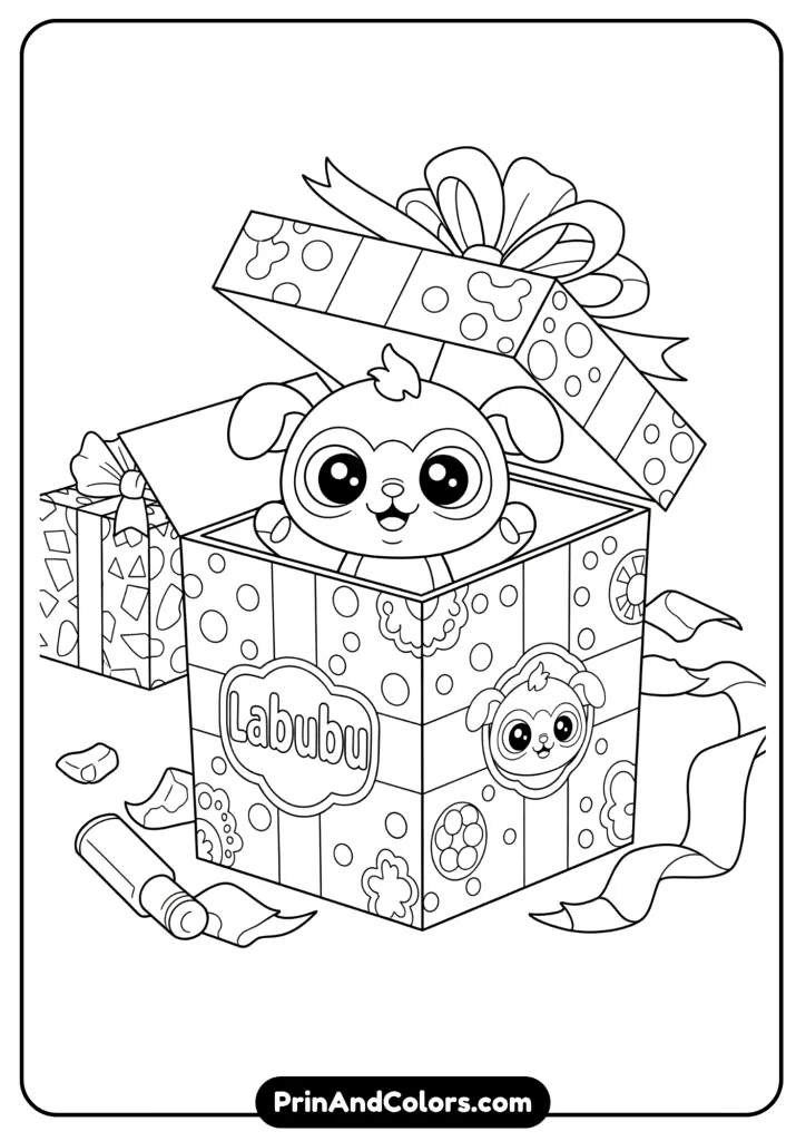 Cute line art of Labubu emerging from a collectible blind box, surrounded by stars and toys, clear black outlines.