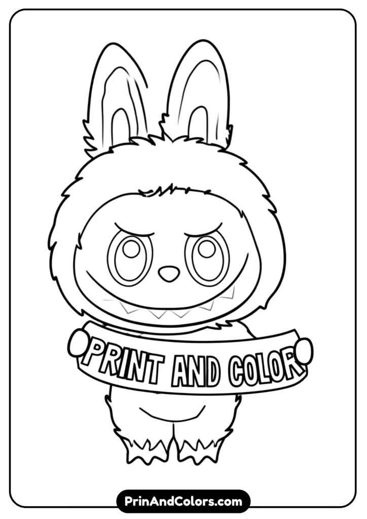 Simple clean black and white Labubu drawing with smiling expression and plain background.