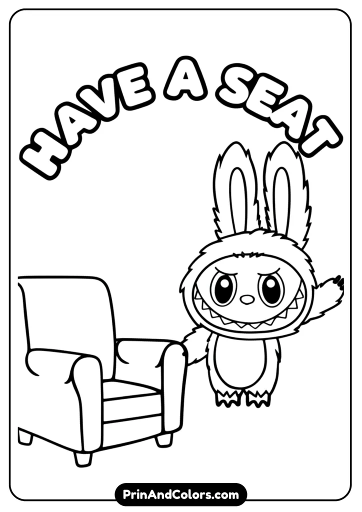 Line art of Labubu sitting on a small wooden chair, relaxed expression, outlined for easy coloring.