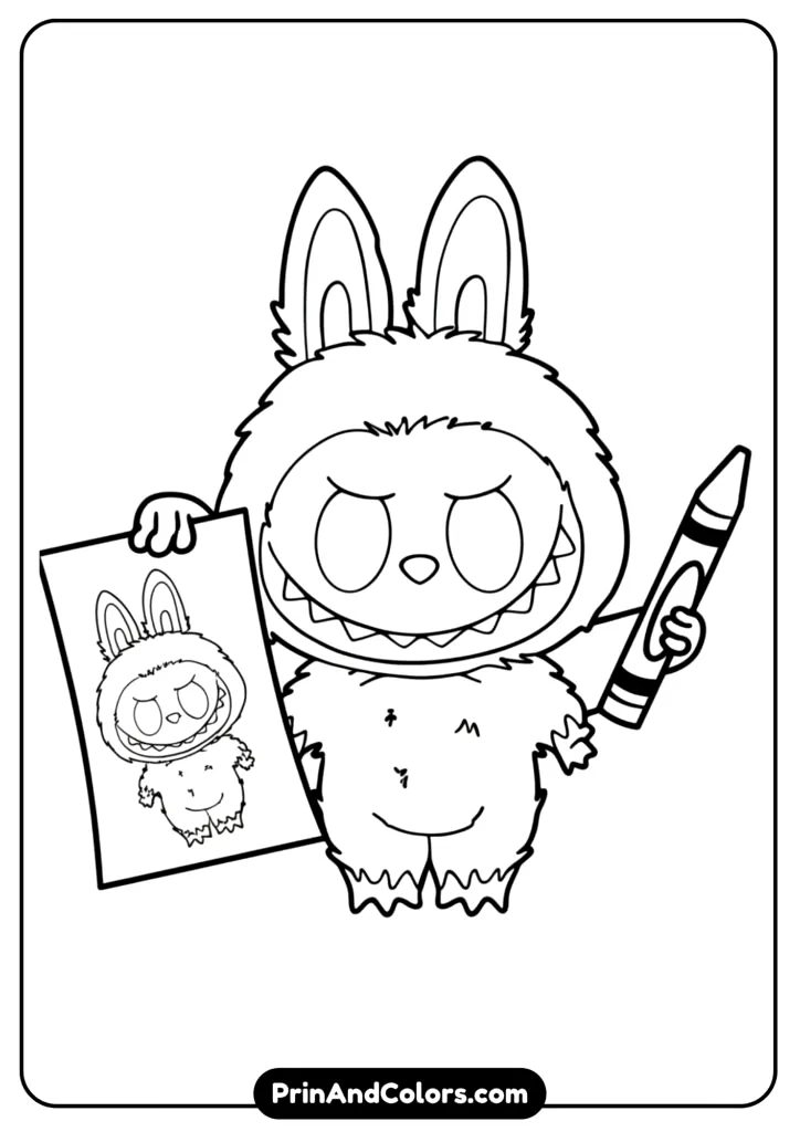 Black and white outline of Labubu waving hand, designed as part of printable PDF set.