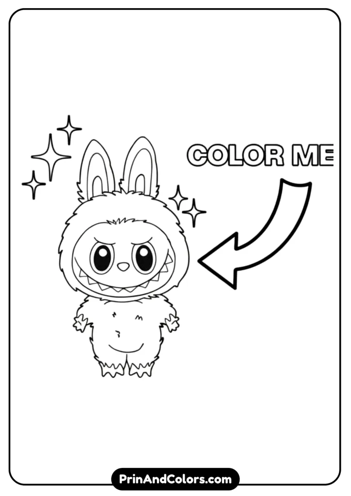 Line drawing of Labubu holding a drawing sheet with his face on it, simple and fun outline style.