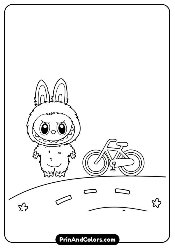 Cartoon line art of Labubu standing with open arms, joyful pose for easy coloring.