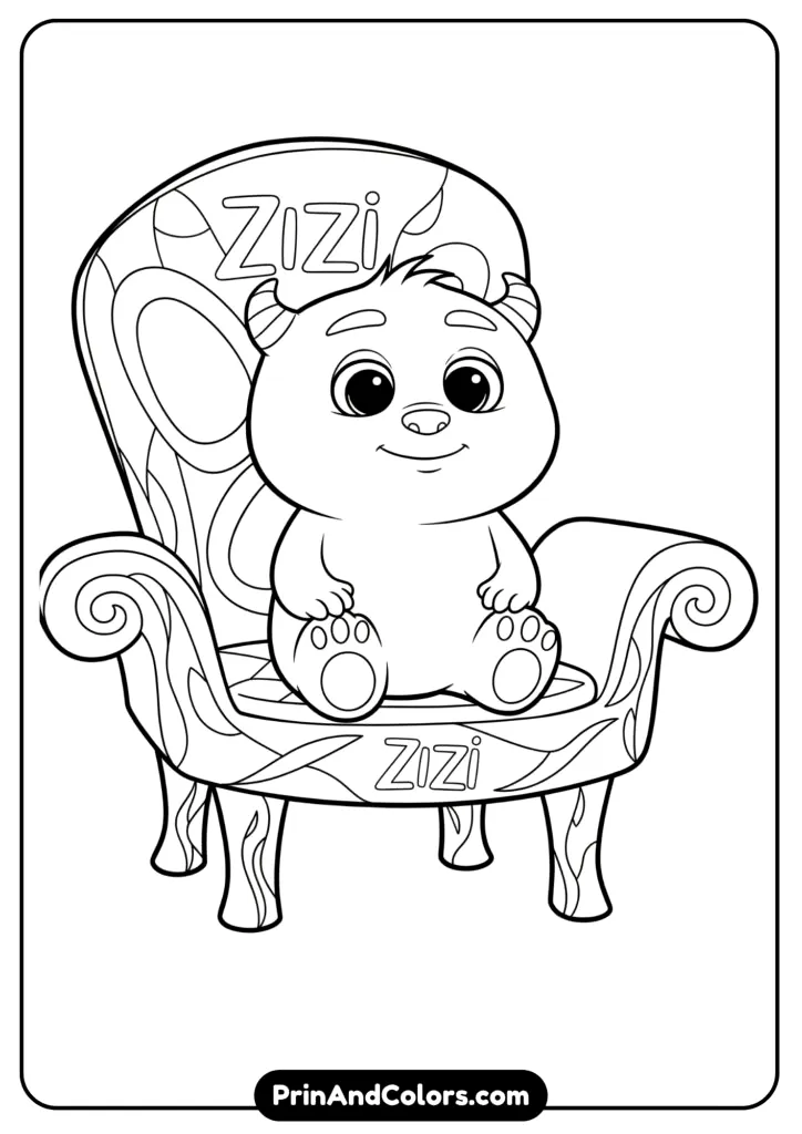 Line art of Labubu Zizi version sitting calmly on a cushion, simple outlines with cozy atmosphere.