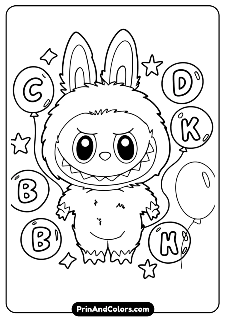 Simple cute Labubu with balloons or toys, black and white line art easy for children to color.