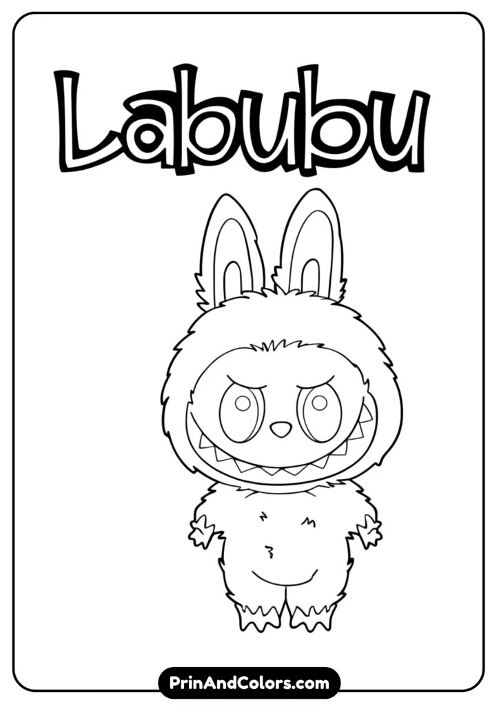 Line drawing of Labubu in standing pose with happy smile, ready for coloring practice