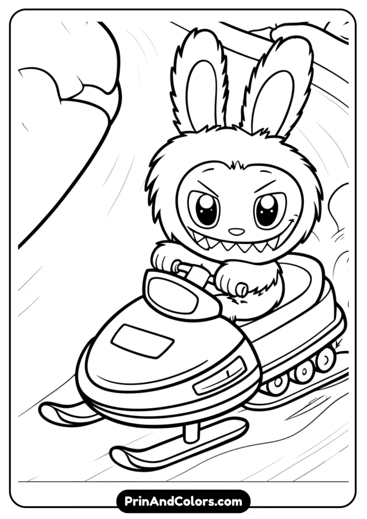 Black and white line art of Labubu driving a snowmobile through snow, action winter scene.