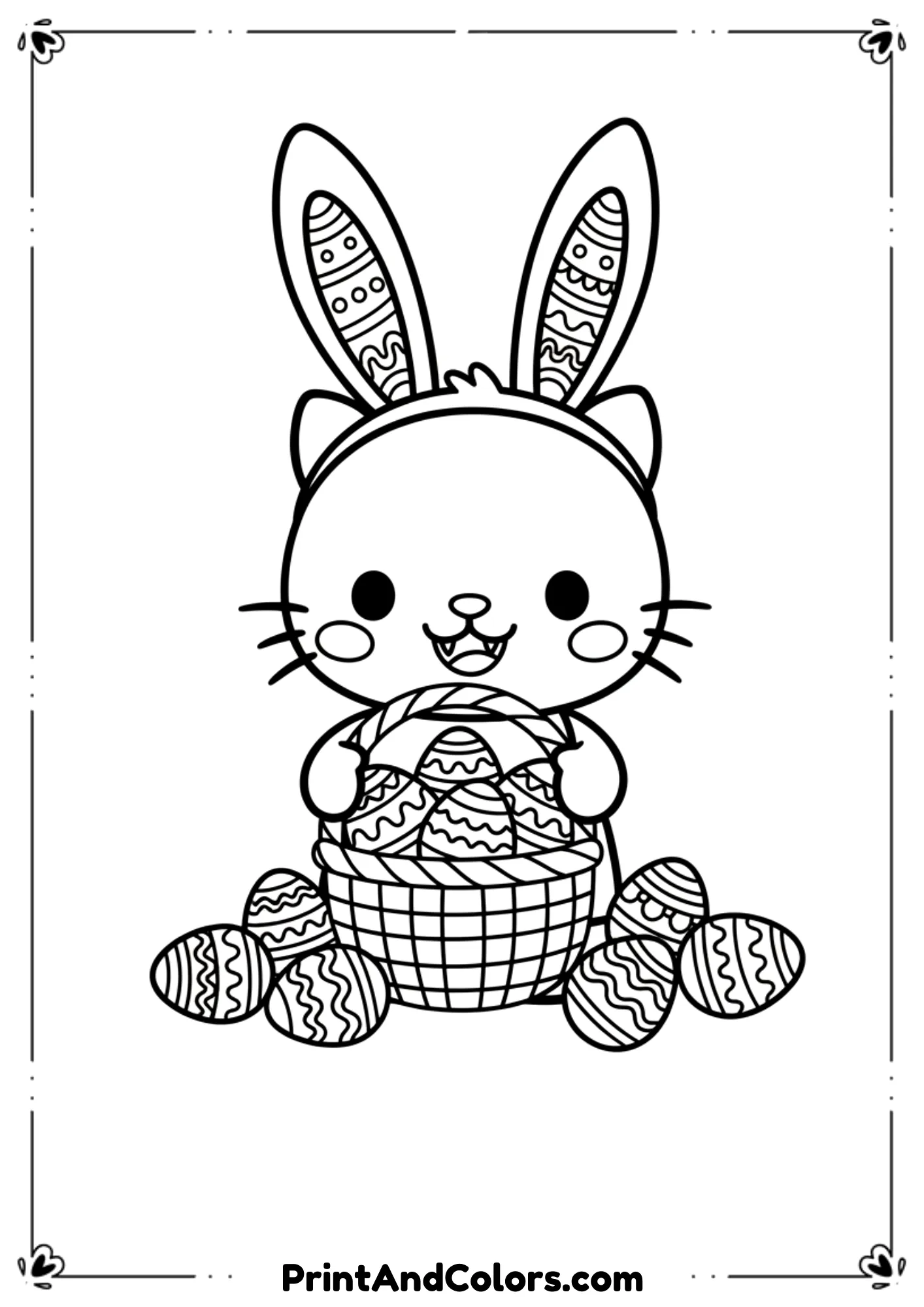 Cartoon-style Labubu character holding an Easter basket full of eggs, black and white outline.
