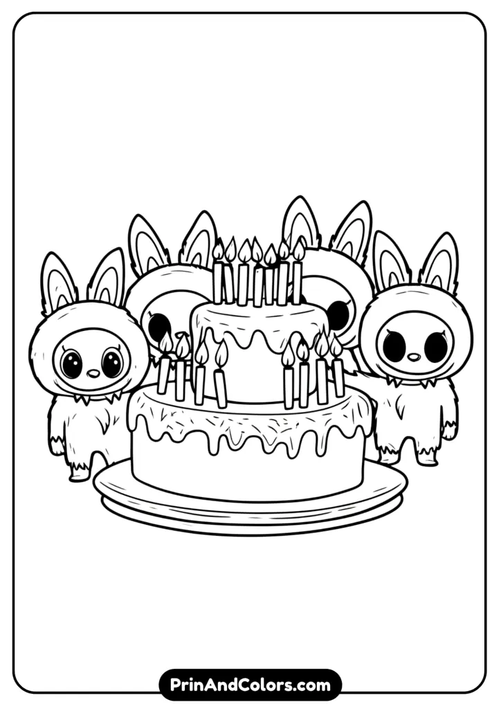 Cute line art of Labubu elves gathered around a birthday cake, joyful expressions.