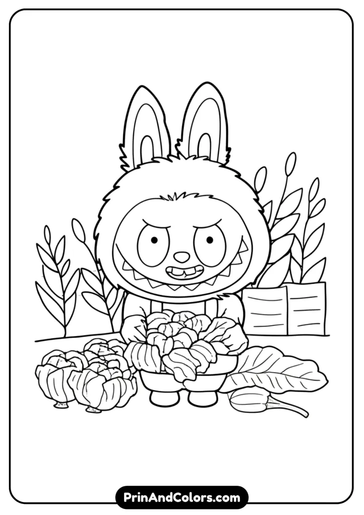 Line drawing of Labubu wearing a straw hat, holding a watering can in a crop field.