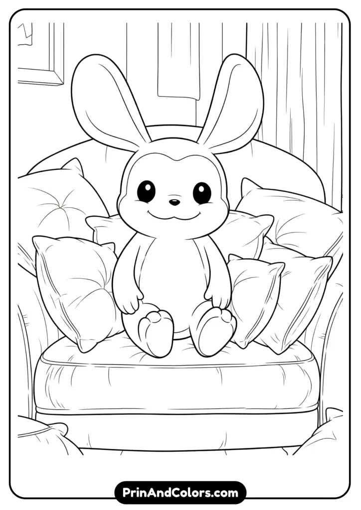 Line drawing of Labubu sitting peacefully on a chair, relaxed pose, cartoon style, clean outlines perfect for kids to color.