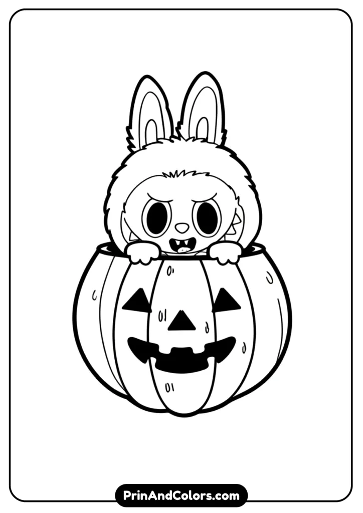 Halloween line art of Labubu popping out from a carved pumpkin, smiling with bat wings around