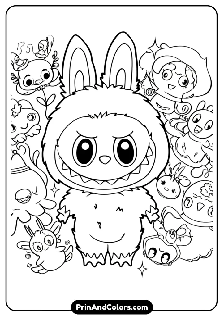 Labubu and Lafufu standing together with joyful expressions, surrounded by stars and sparkles, in a cute cartoon style, perfect for coloring pages.