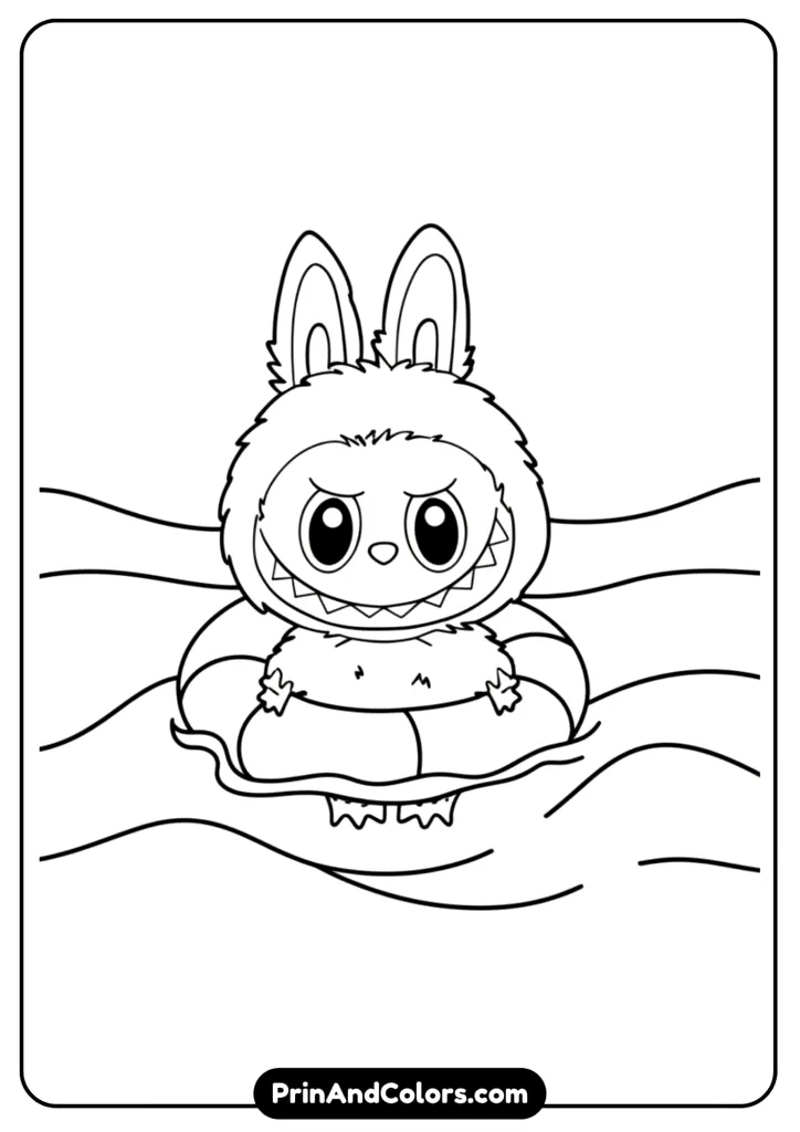 Black and white drawing of Labubu relaxing on floaties in the ocean, waves and sun in background.