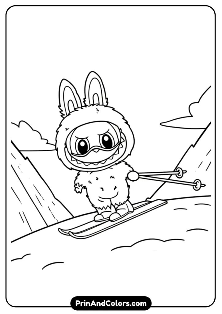 Line art of Labubu skiing down a snowy mountain with goggles and scarf, dynamic pose.