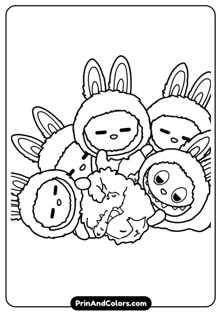 Create a black and white line art of Labubu and Lafufu standing together with joyful expressions, surrounded by stars and sparkles, in a cute cartoon style, perfect for coloring pages.