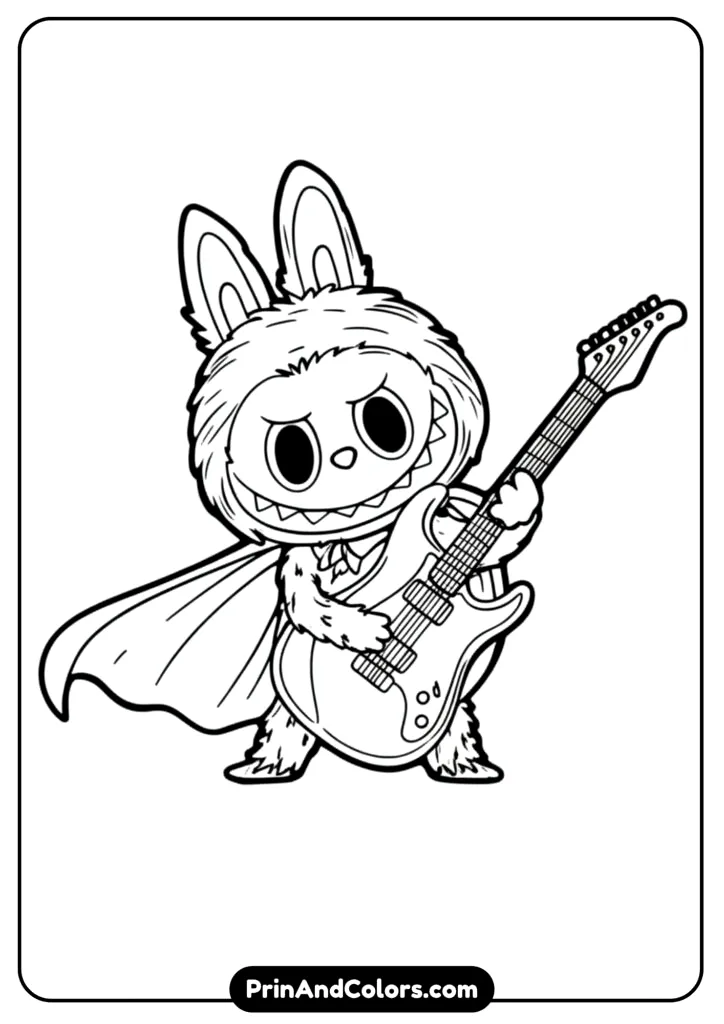 Labubu wearing a cape and holding a magic guitar with musical notes around, in fun black and white line art for coloring