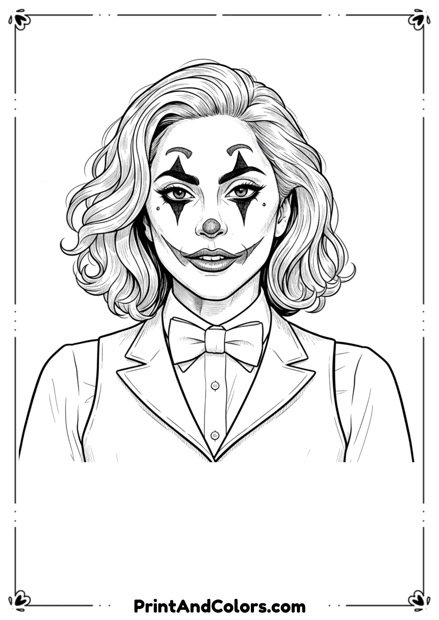 Black and white line art of Lady Gaga styled as Joker, detailed face makeup and suit.
