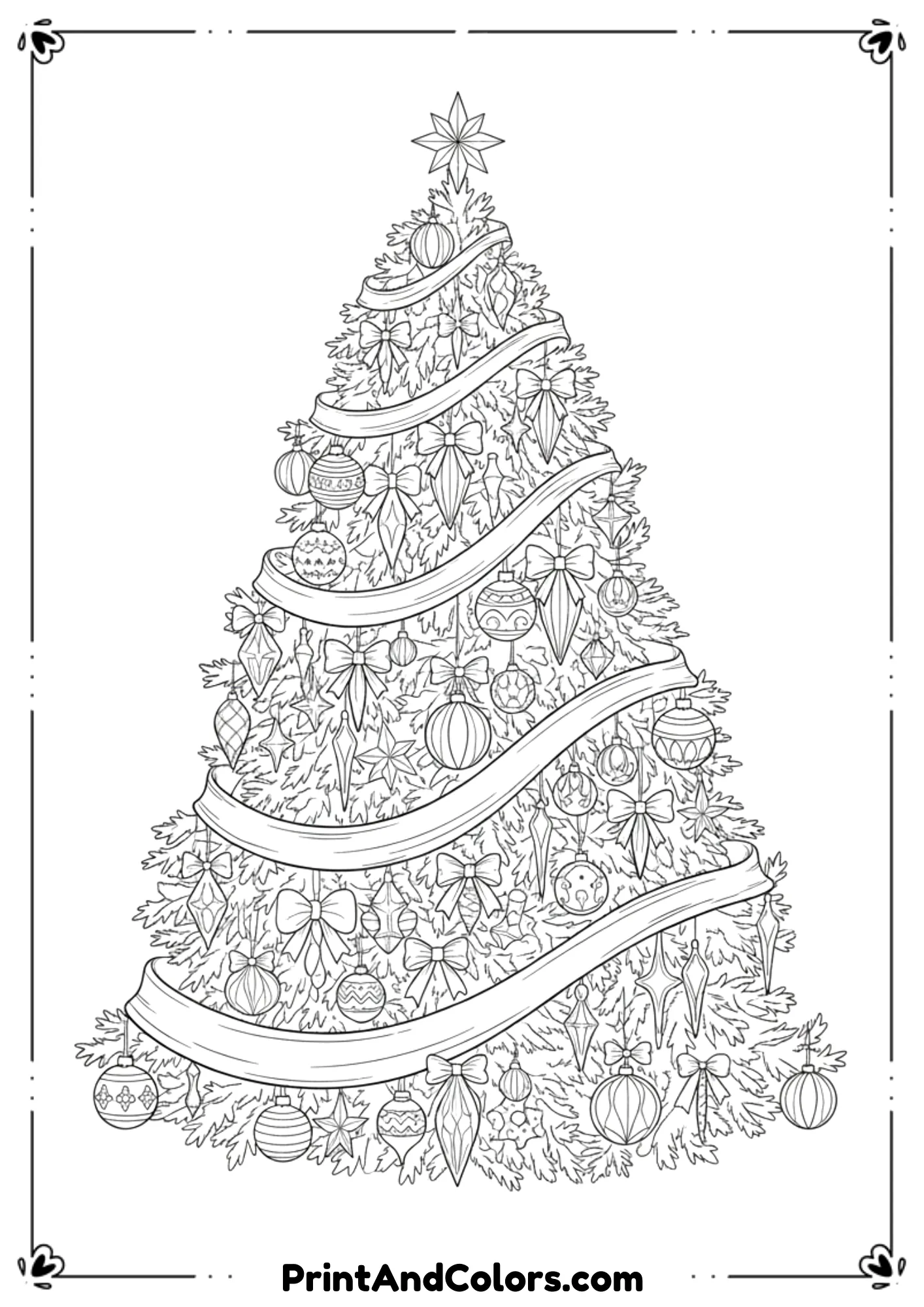  Line-art illustration of an oversized Christmas tree decorated with bows, banner ribbons, ornaments, and baubles. Medium detail, clean outlines, printable.
