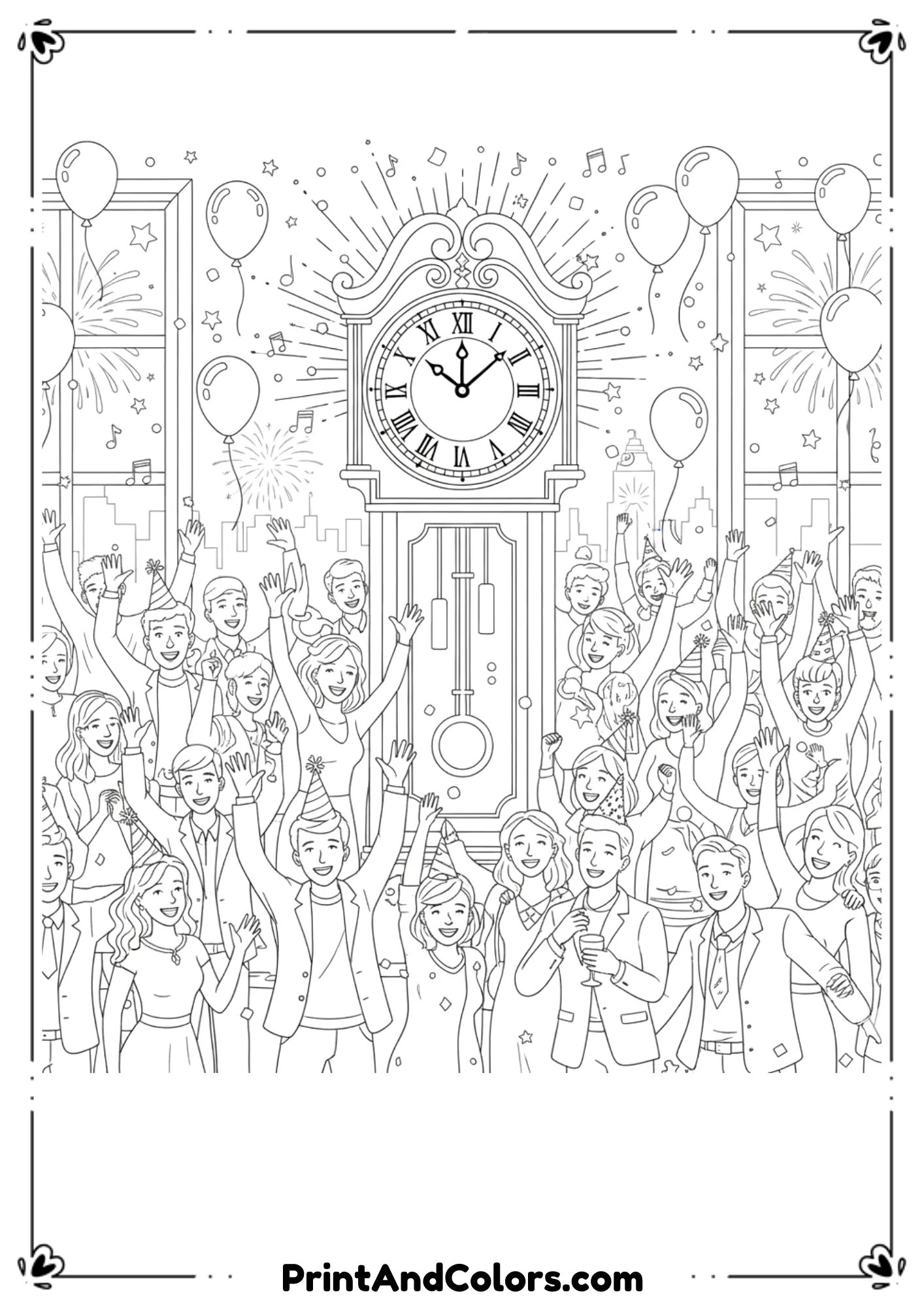 A detailed black and white coloring page showing a big New Year party scene with people celebrating, music notes, balloons, and a massive clock striking twelve at the center. Clean outlines, crowd kept simple for easy coloring.
