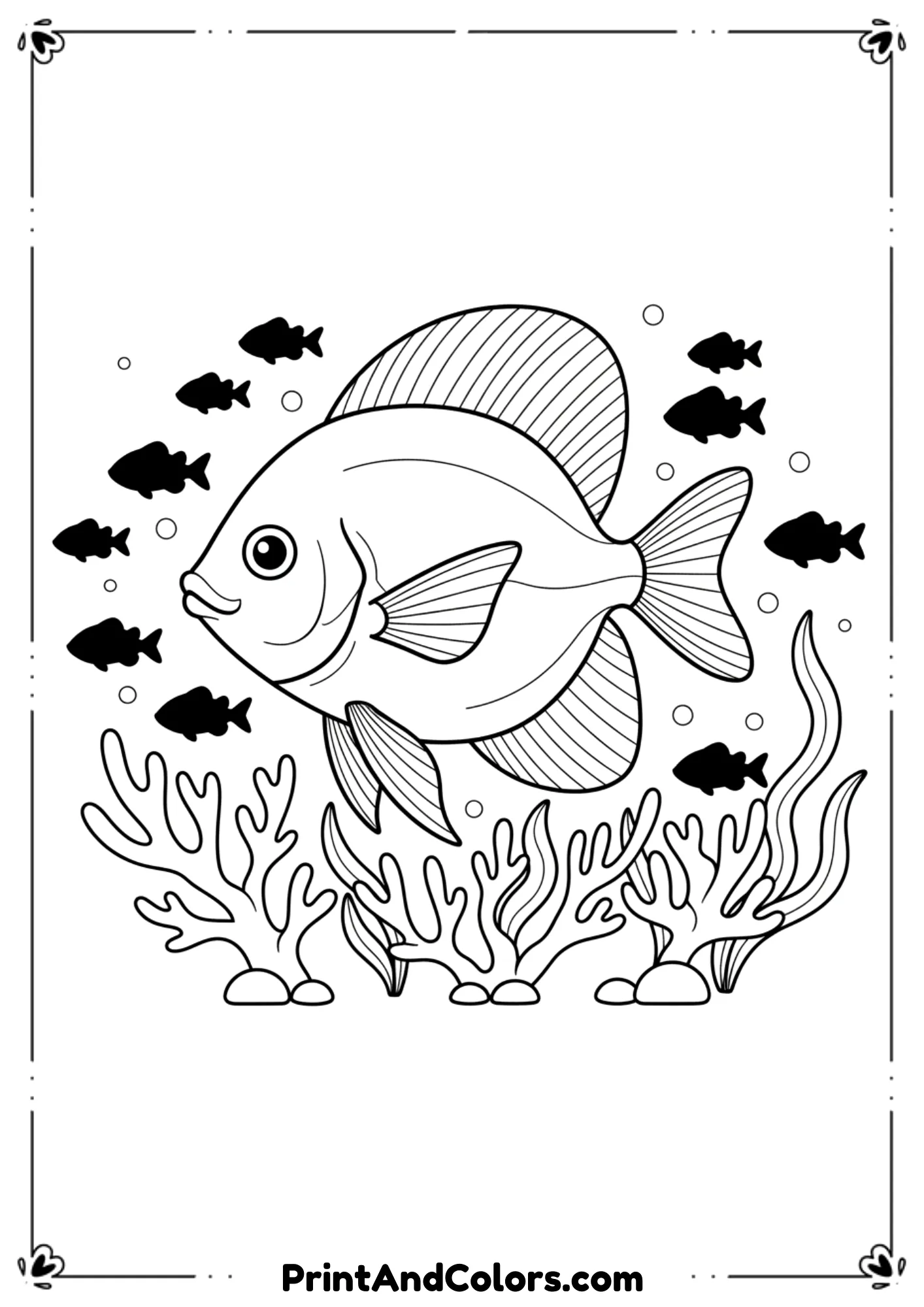 Illustrate a large reef fish with clean textured fins surrounded by small fish silhouettes, coral branches, and seaweed. Elegant yet simple black line art.