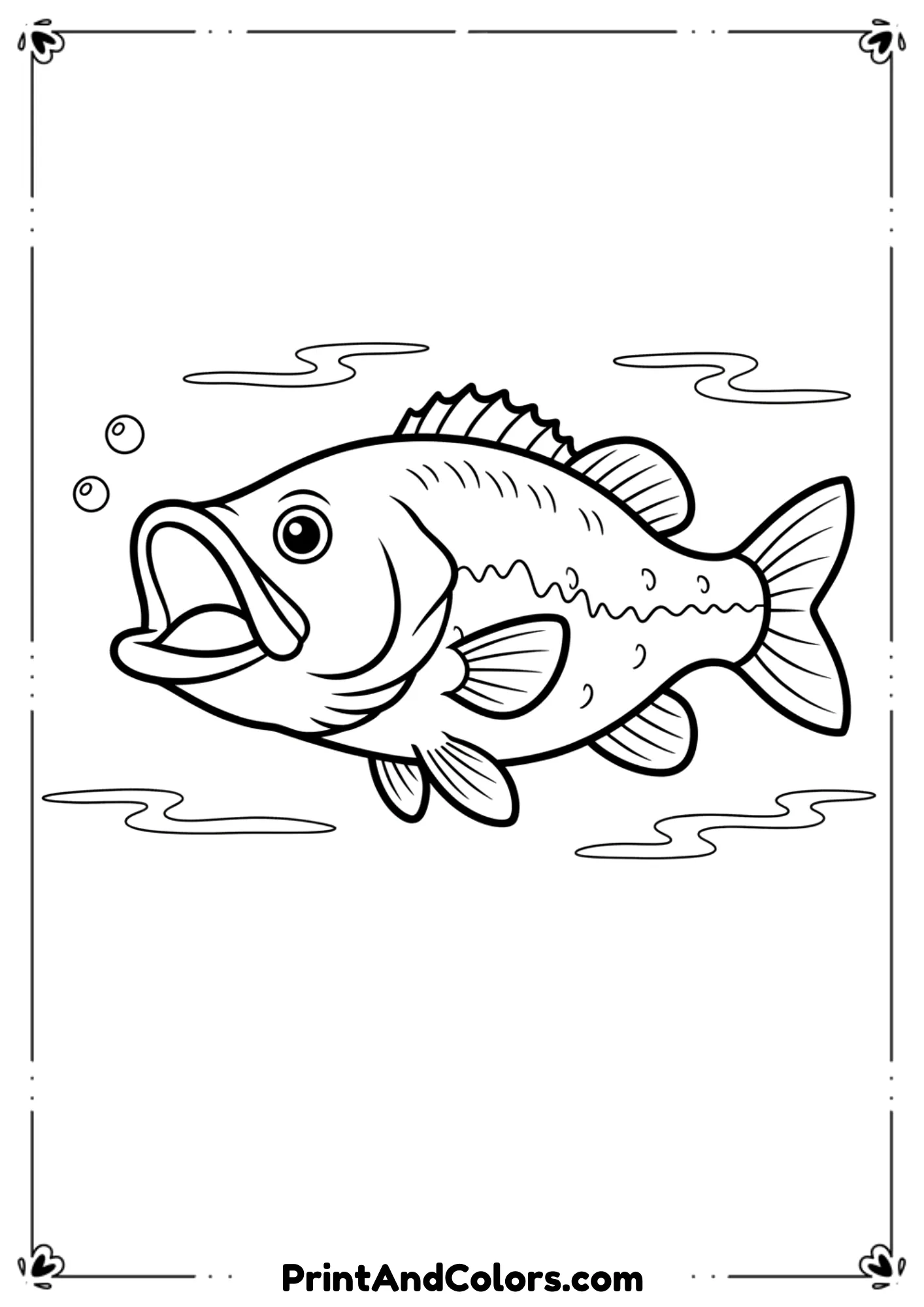 Simple largemouth bass outline with open mouth and basic fins. Add light water waves. Thick, cartoon-friendly lines for kids.