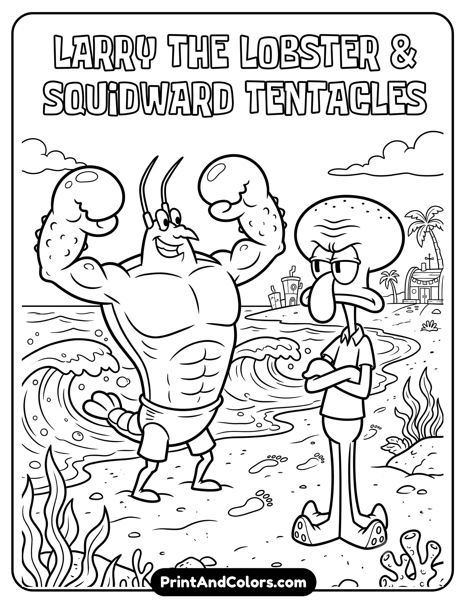 Black and white coloring page of Larry the Lobster flexing muscles while Squidward stands nearby looking annoyed, Goo Lagoon beach background with sand and waves, cartoon line art style, clean bold outlines for printable coloring sheet
