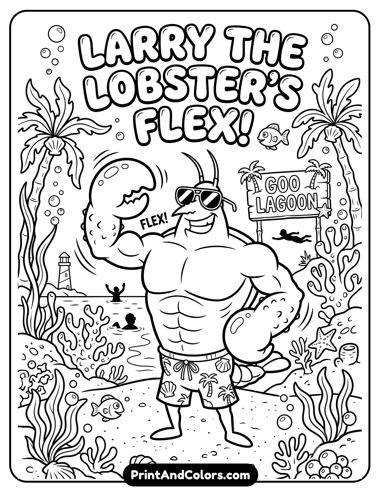 Black and white coloring page of Larry the Lobster flexing muscles proudly at Goo Lagoon beach, sunglasses and sporty cartoon style, underwater beach setting with palm decorations and bubbles, printable line art with bold outlines