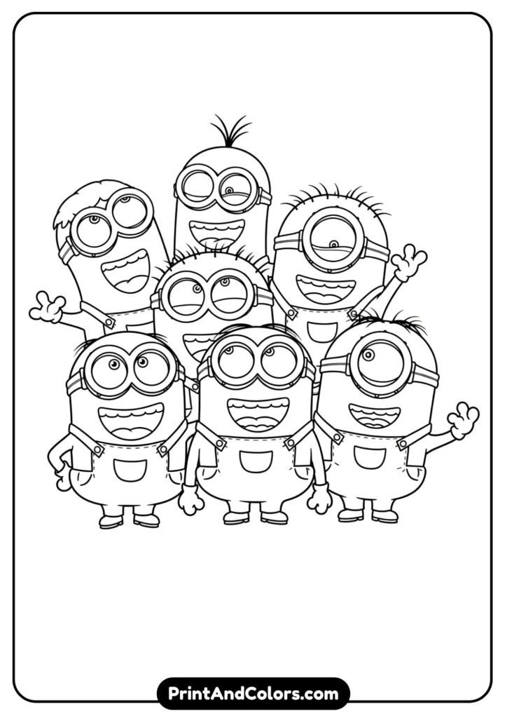 Several Minions laughing together, cartoon-style black-and-white outlines, playful and kid-friendly.