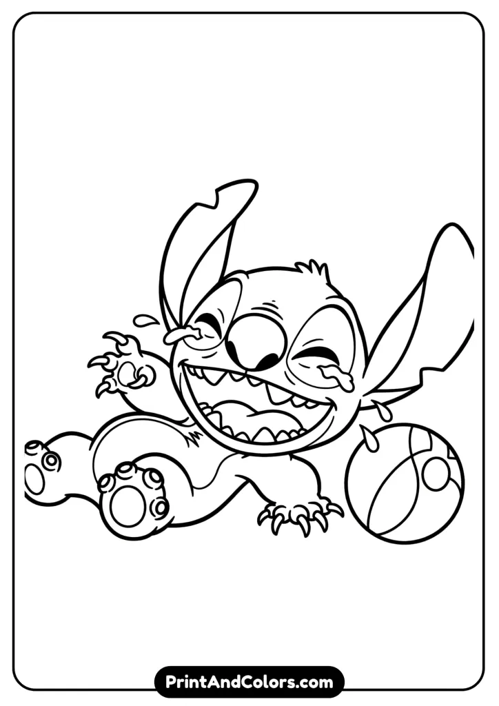 Stitch rolling on the ground laughing with his eyes closed and tiny tears of joy, in a bright playful background