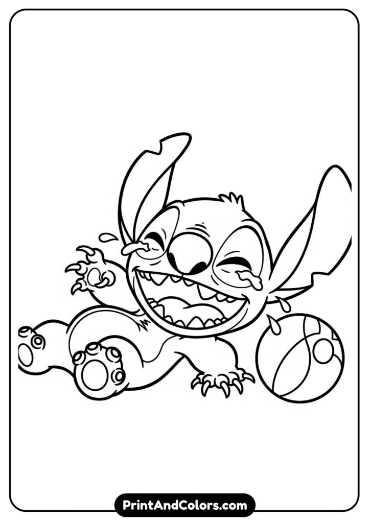 Stitch rolling on the ground laughing with his eyes closed and tiny tears of joy, in a bright