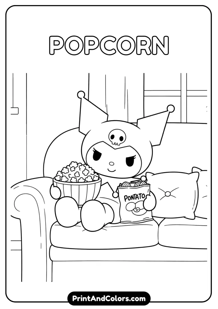Kuromi sitting lazily on a couch, holding popcorn and chips, cartoon-style drawing with thick outlines, simple details for coloring.