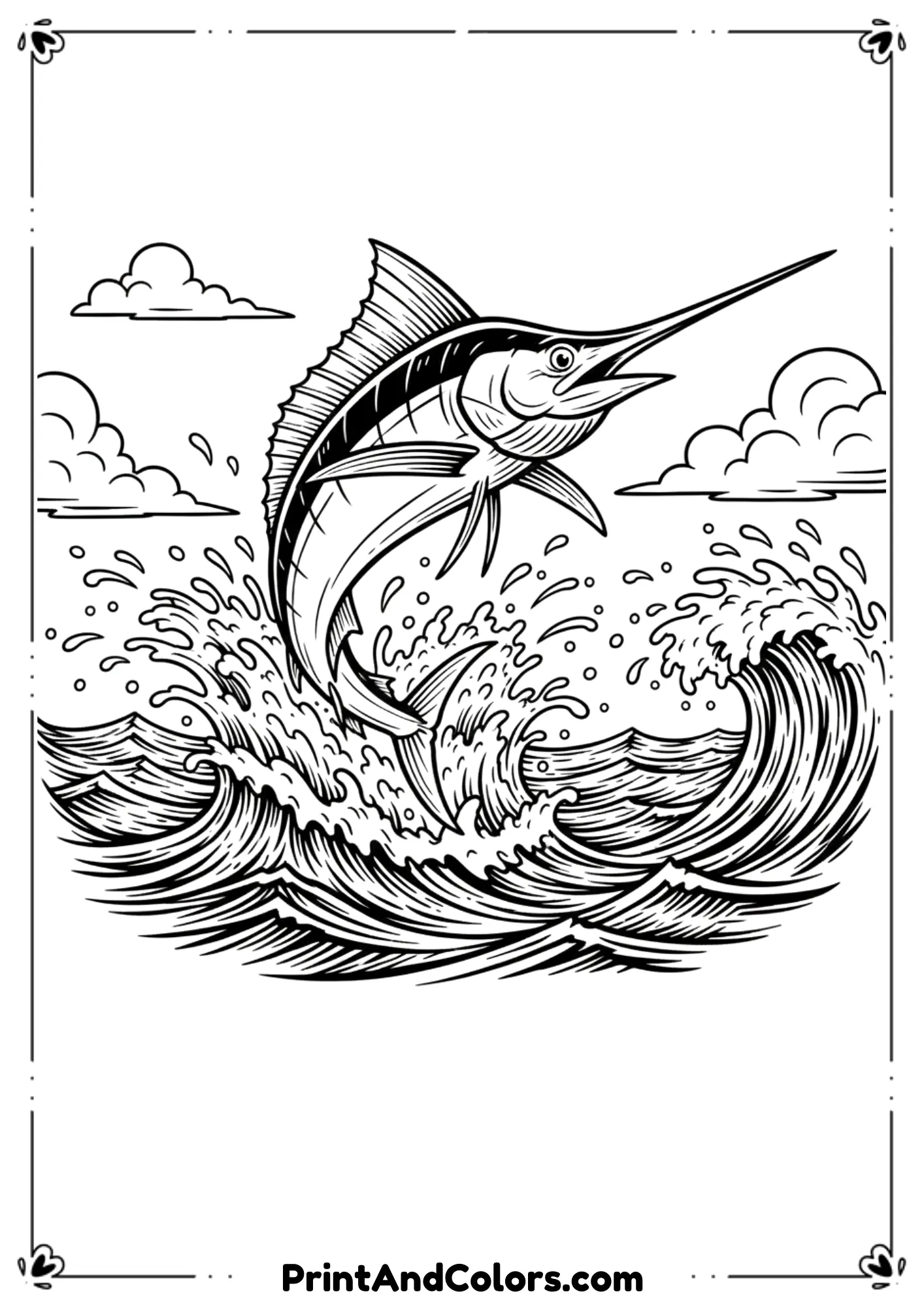 Black and white outline of a marlin leaping out of dramatic ocean waves. Add splashes, clouds, and thick dynamic outlines. No shading, sharp details.