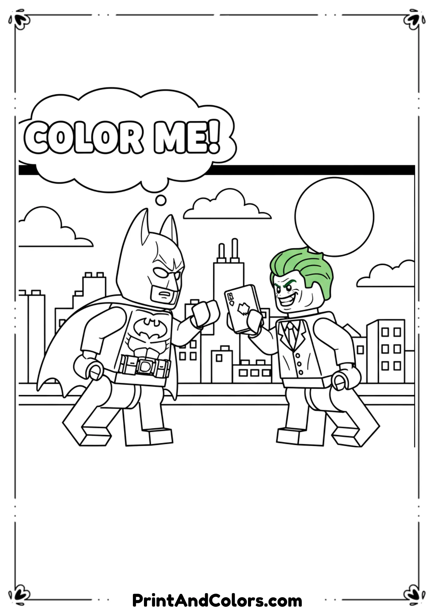 Lego Batman facing off against Lego Joker, simple outlines for coloring fun.
