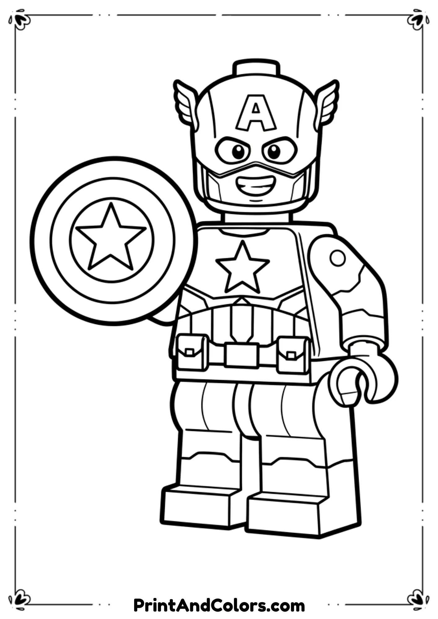  Cartoon-style line art of Lego Captain America figure, holding a mini shield, smiling expression, outlined for easy coloring.
