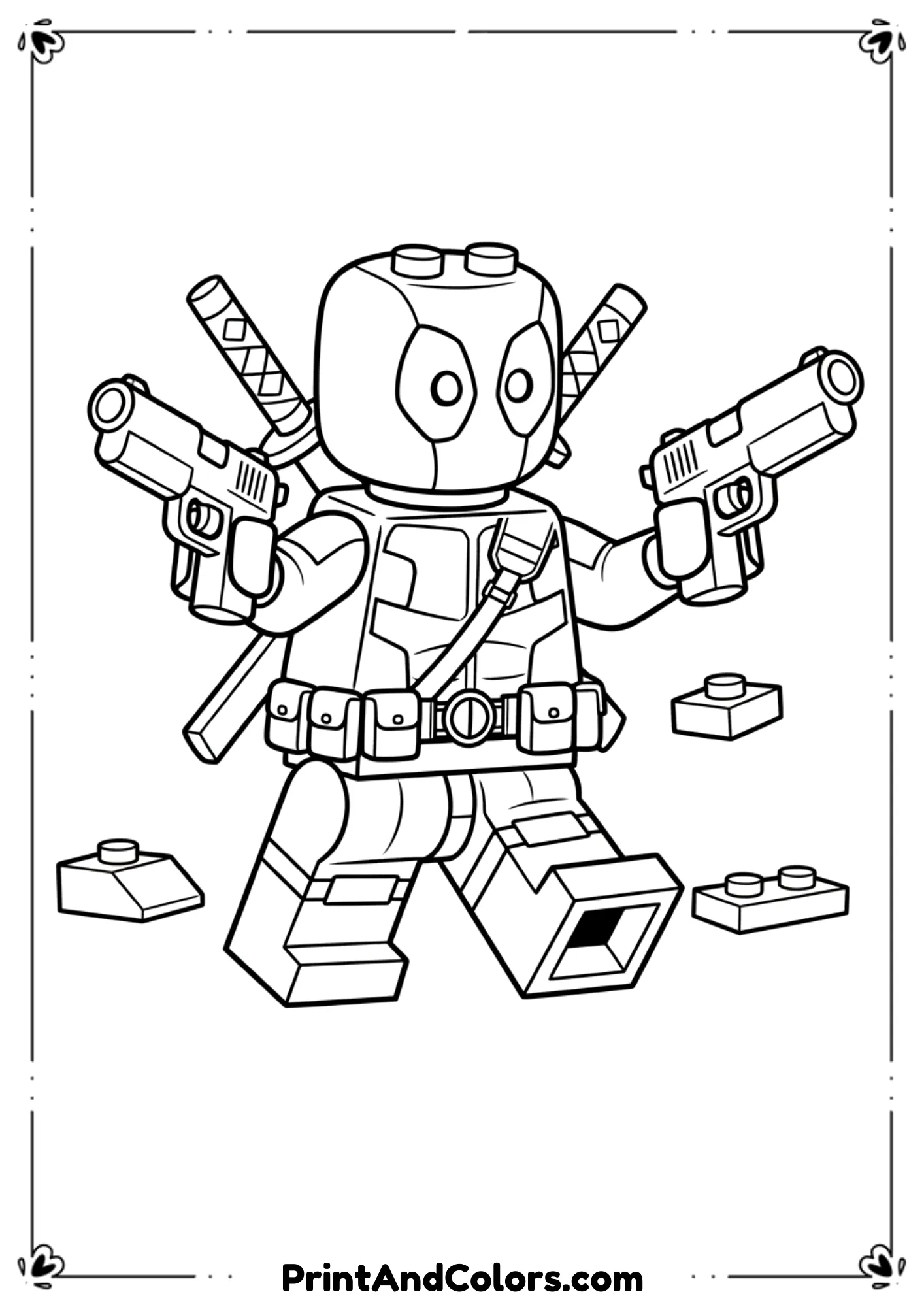 Deadpool in Fortnite-style outfit holding weapons, clean line art, cartoonish yet action-packed outlines, black-and-white for coloring.