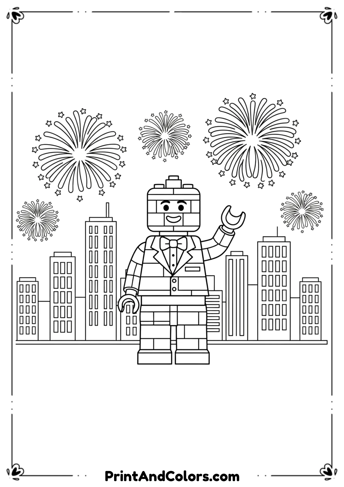  Black and white line art of a Lego-style gentleman character wearing a suit, standing in front of a simple city skyline with fireworks in the sky. Cartoon proportions, bold outlines, no shading, fun and playful coloring page for kids.
