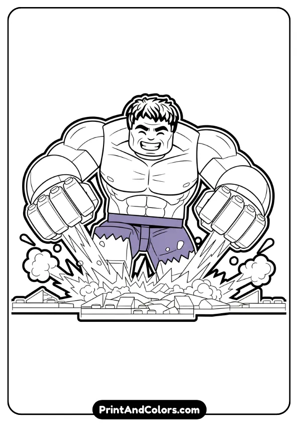 LEGO Hulk minifigure smiling while smashing the ground, block-style body, simple clean lines, extra-thick outline