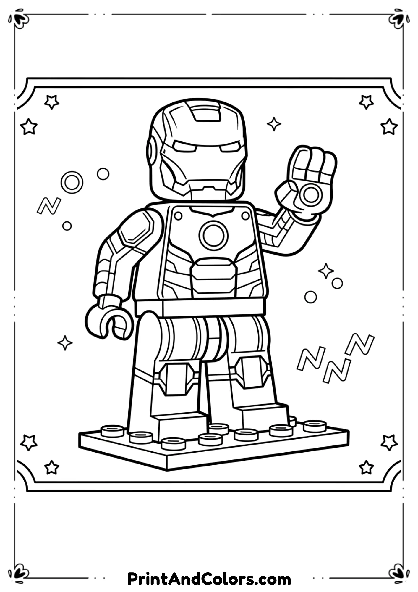  Line drawing of Lego-style Iron Man figure standing in heroic pose, simplified cartoon-like design.
