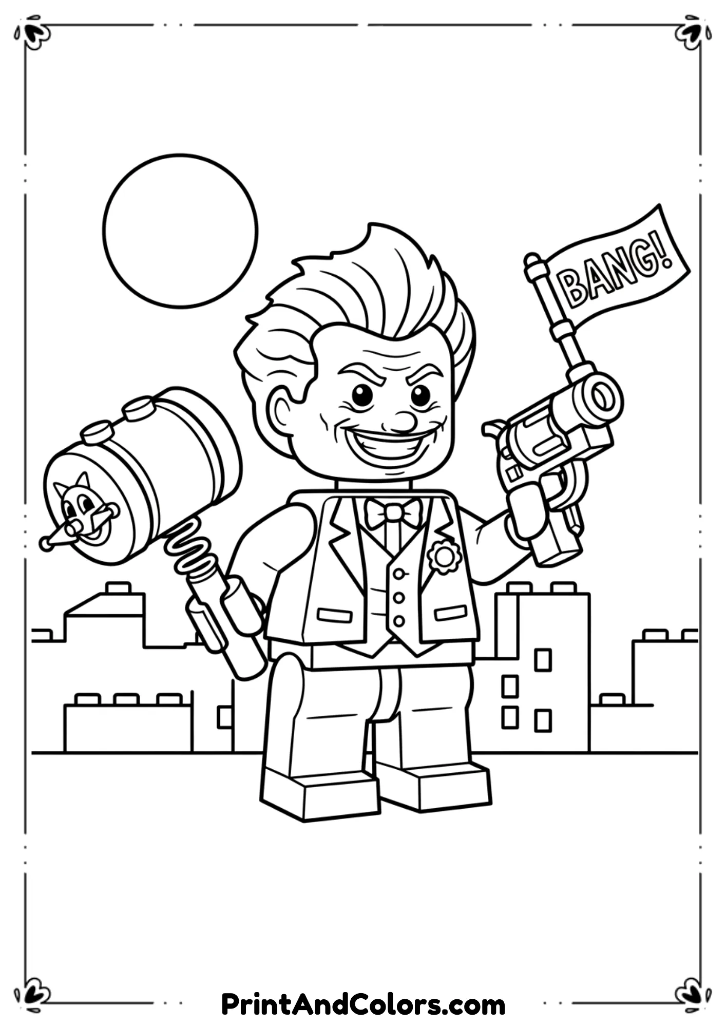 Cute Lego-style Joker holding cartoon weapons, black and white outline drawing, simple lines for easy coloring.

