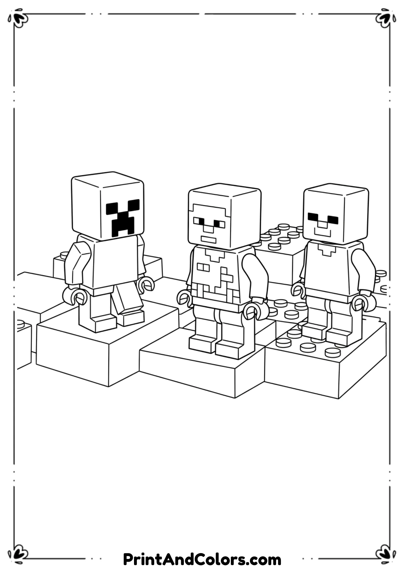  Black and white line illustration combining Lego-style Minecraft characters, blocky Lego minifigure shapes, simple background, bold outlines, no color, no shading, printable coloring page for kids.