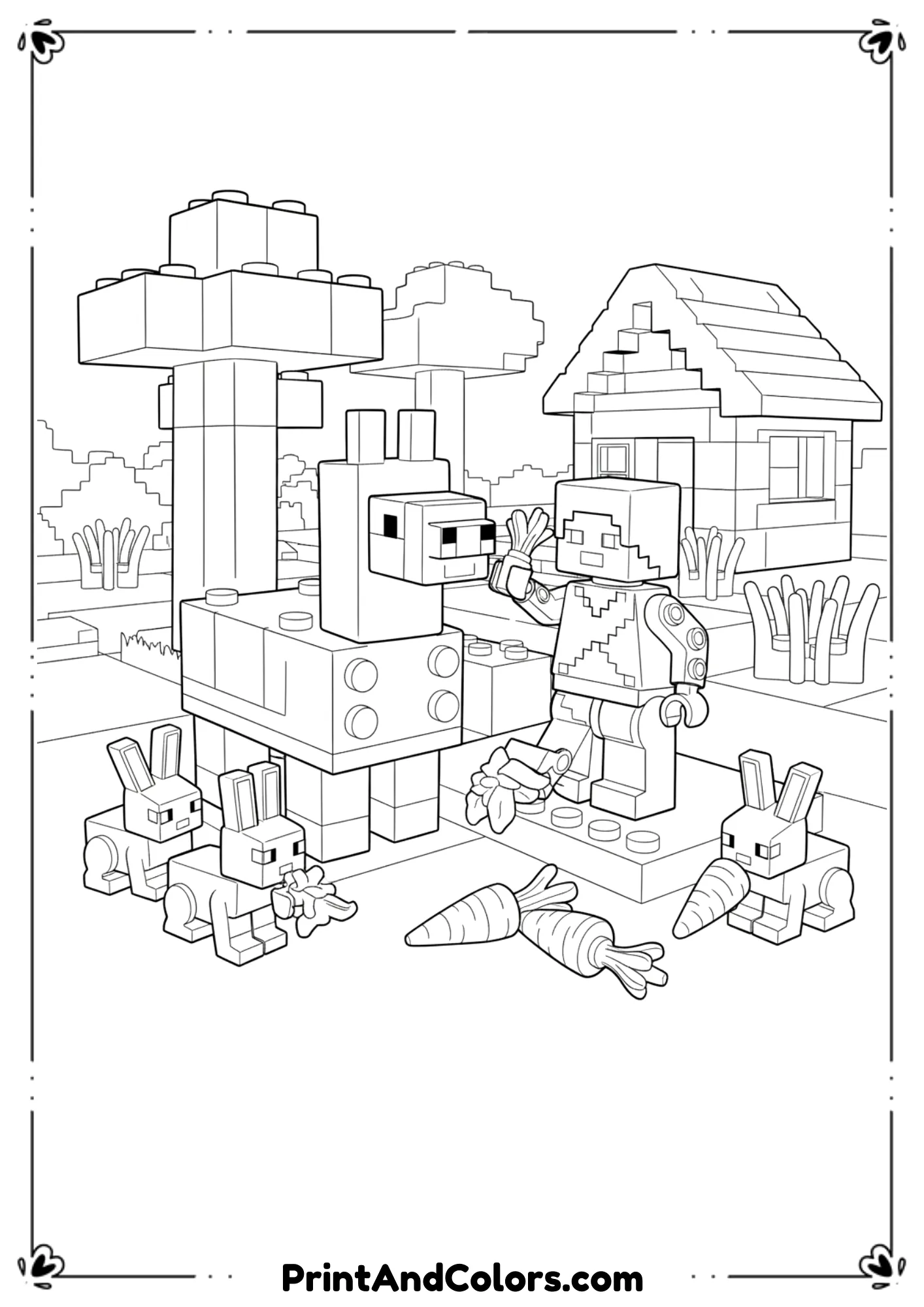 Black and white line illustration of Lego-style Minecraft characters with a llama and rabbits, blocky Lego shapes, bold outlines, no shading, printable coloring page.
