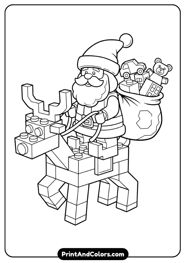 Black and white line-art showing LEGO-style Santa with a blocky reindeer. Include toy-like shapes, clean edges, and simple details for coloring.