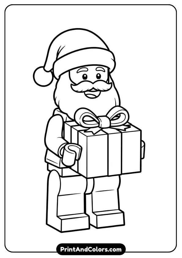 Create a clear black and white outline of a LEGO Santa standing with a gift box, using the classic brick-style body and square head.