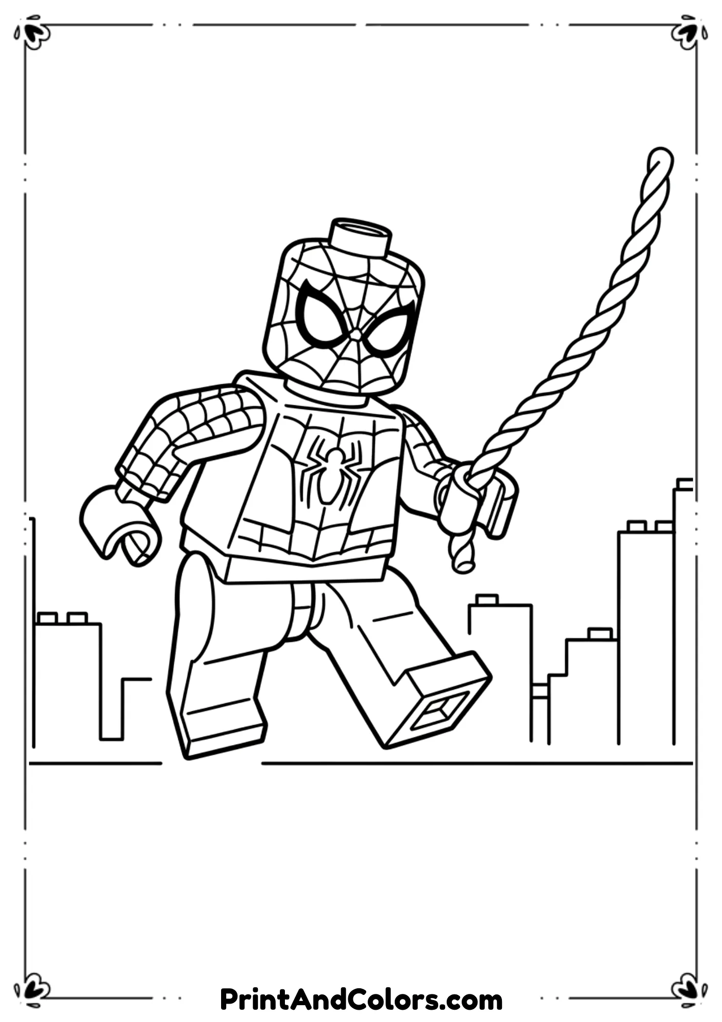 Lego Spider-Man in blocky design, holding a web rope, simple and bold outlines for coloring fun.