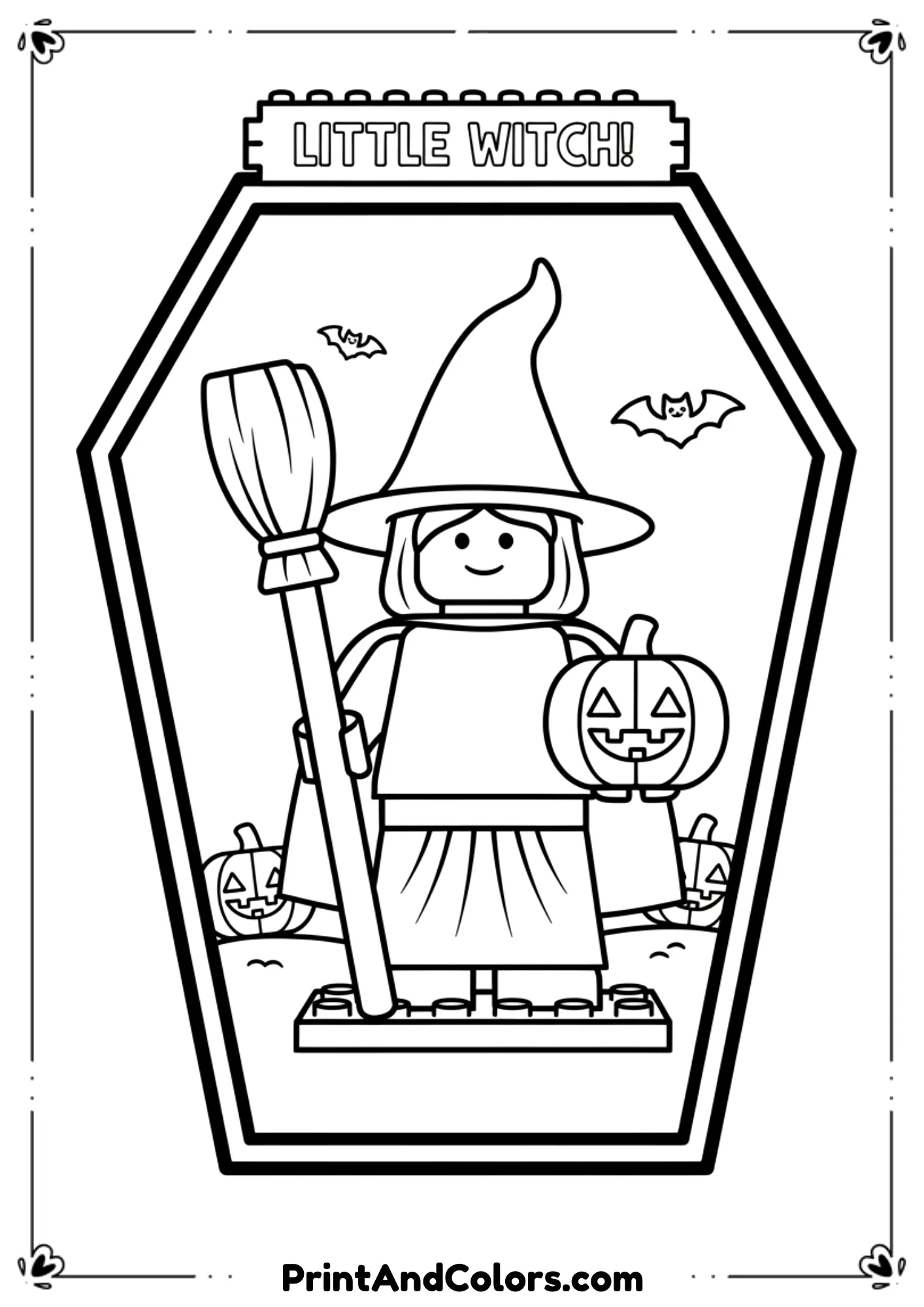 Lego witch character with pointed hat, broom, and pumpkin, in simple blocky line art for coloring.

