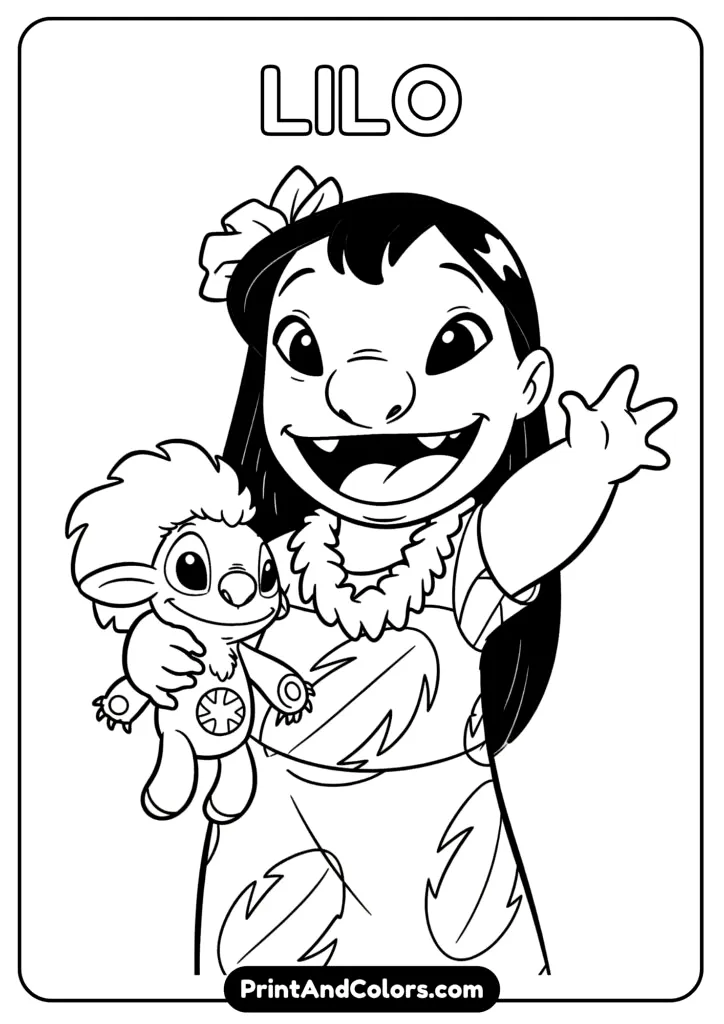 Lilo in her red dress holding Scrump doll, waving happily