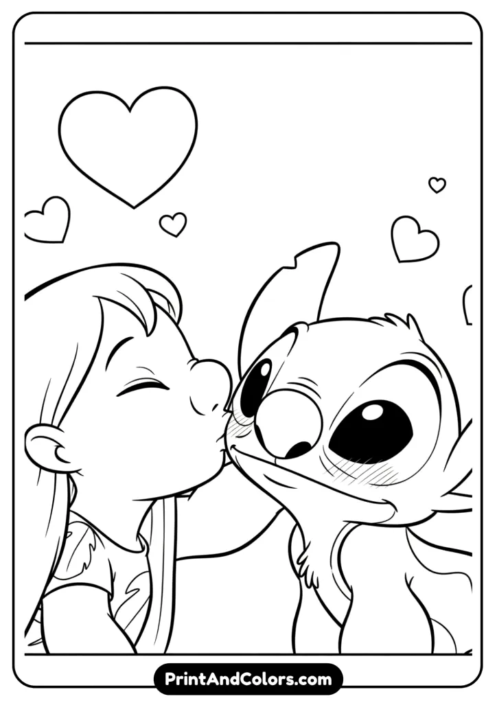 A heartwarming close-up of Lilo kissing Stitch’s cheek while he blushes, with floating hearts around them in a comic book panel style